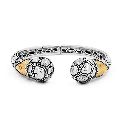 Gold & Silver bracelet, scale dragon chain round 6mm, spring lock with 18K gold hammer motif and white topaz pave stones