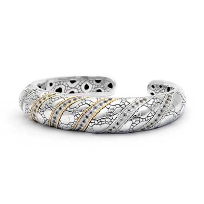 Gold & Silver bracelet, scale dragon chain round 6mm, spring lock with 18K gold hammer motif and white topaz pave stones