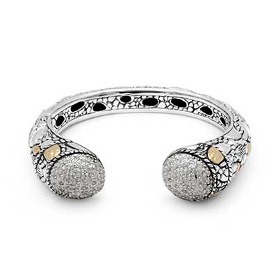Gold & Silver bracelet, scale dragon chain round 6mm, spring lock with 18K gold hammer motif and white topaz pave stones