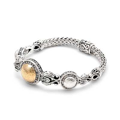 Gold & Silver bracelet, scale dragon chain round 6mm, spring lock with 18K gold hammer motif and white topaz pave stones