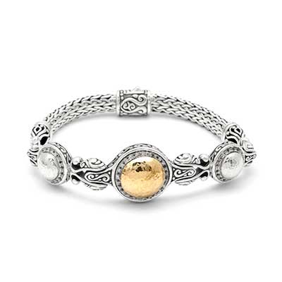 Gold & Silver bracelet, scale dragon chain round 6mm, spring lock with 18K gold hammer motif and white topaz pave stones