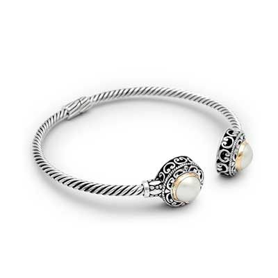 Gold & Silver bracelet, scale dragon chain round 6mm, spring lock with 18K gold hammer motif and white topaz pave stones