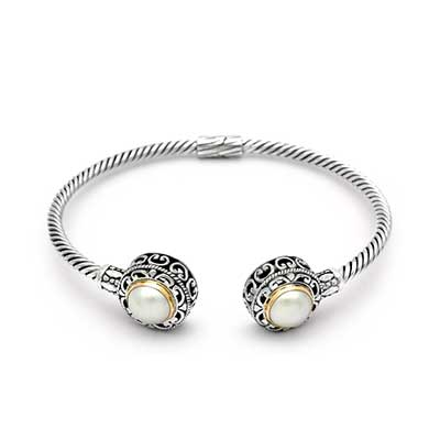 Gold & Silver bracelet, scale dragon chain round 6mm, spring lock with 18K gold hammer motif and white topaz pave stones