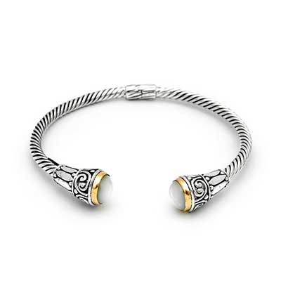 Gold & Silver bracelet, scale dragon chain round 6mm, spring lock with 18K gold hammer motif and white topaz pave stones