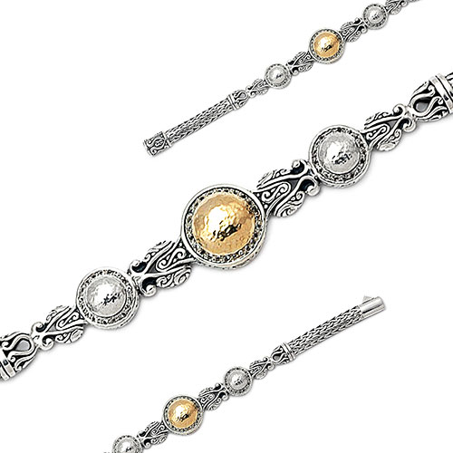 Gold & Silver bracelet, scale dragon chain round 6mm, spring lock with 18K gold hammer motif and white topaz pave stones