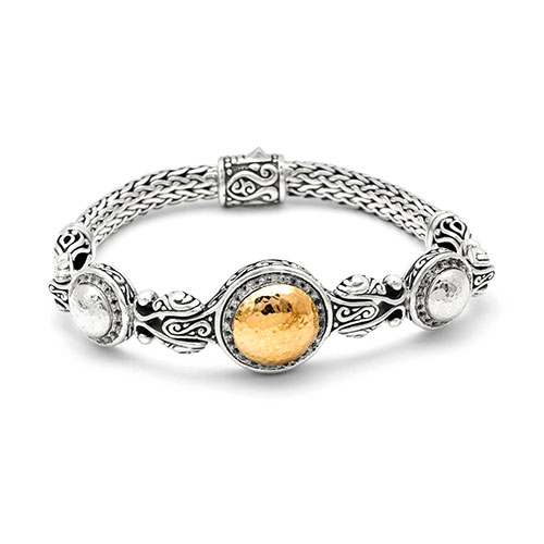 Gold & Silver bracelet, scale dragon chain round 6mm, spring lock with 18K gold hammer motif and white topaz pave stones