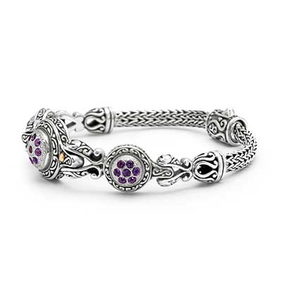 Gold & Silver bracelet, scale dragon chain round 6mm, spring lock with 18K gold hammer motif and white topaz pave stones