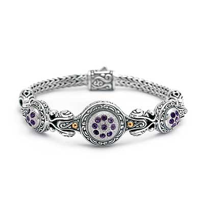 Gold & Silver bracelet, scale dragon chain round 6mm, spring lock with 18K gold hammer motif and white topaz pave stones