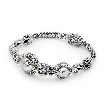 Gold & Silver bracelet, scale dragon chain round 6mm, spring lock with 18K gold hammer motif and white topaz pave stones