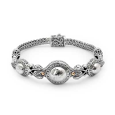 Gold & Silver bracelet, scale dragon chain round 6mm, spring lock with 18K gold hammer motif and white topaz pave stones