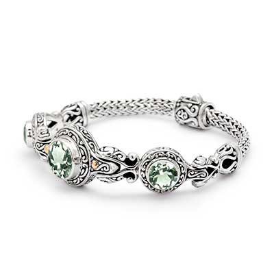 Gold & Silver bracelet, scale dragon chain round 6mm, spring lock with 18K gold hammer motif and white topaz pave stones