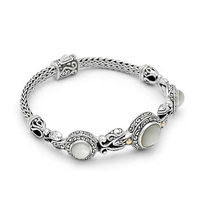 Gold & Silver bracelet, scale dragon chain round 6mm, spring lock with 18K gold hammer motif and white topaz pave stones