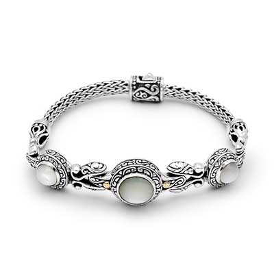 Gold & Silver bracelet, scale dragon chain round 6mm, spring lock with 18K gold hammer motif and white topaz pave stones