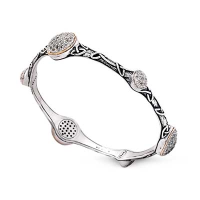 Gold & Silver bracelet, scale dragon chain round 6mm, spring lock with 18K gold hammer motif and white topaz pave stones