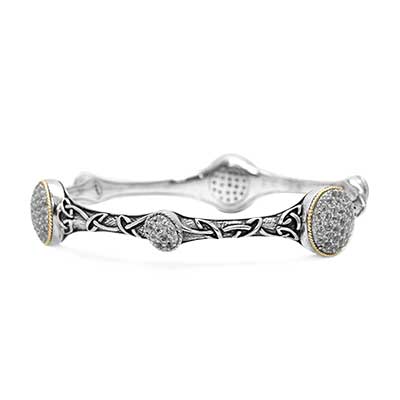 Gold & Silver bracelet, scale dragon chain round 6mm, spring lock with 18K gold hammer motif and white topaz pave stones