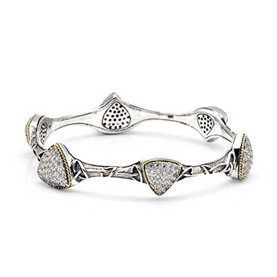 Gold & Silver bracelet, scale dragon chain round 6mm, spring lock with 18K gold hammer motif and white topaz pave stones