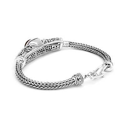 Gold & Silver bracelet, scale dragon chain round 6mm, spring lock with 18K gold hammer motif and white topaz pave stones