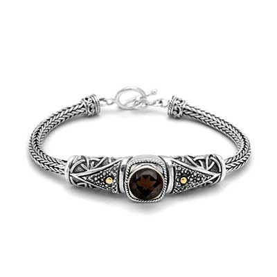 Gold & Silver bracelet, scale dragon chain round 6mm, spring lock with 18K gold hammer motif and white topaz pave stones