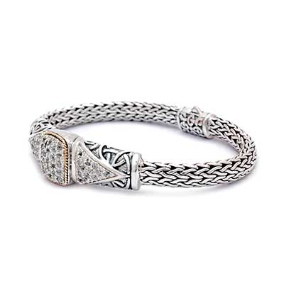 Gold & Silver bracelet, scale dragon chain round 6mm, spring lock with 18K gold hammer motif and white topaz pave stones