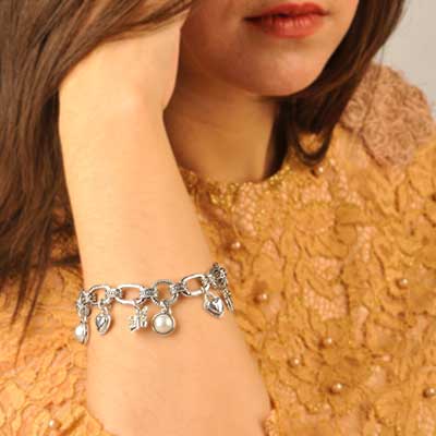 Gold & Silver bracelet, scale dragon chain round 6mm, spring lock with 18K gold hammer motif and white topaz pave stones