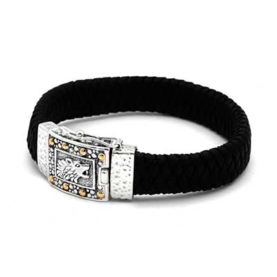 Gold & Silver bracelet, scale dragon chain round 6mm, spring lock with 18K gold hammer motif and white topaz pave stones