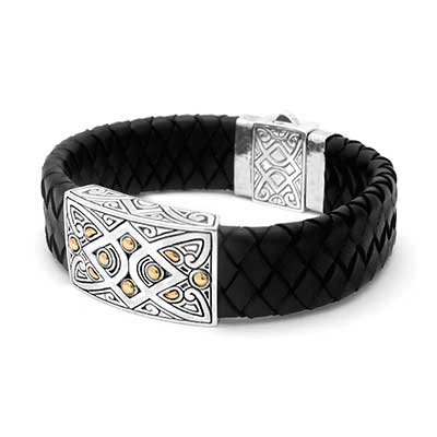 Gold & Silver bracelet, scale dragon chain round 6mm, spring lock with 18K gold hammer motif and white topaz pave stones