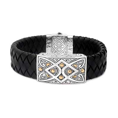 Gold & Silver bracelet, scale dragon chain round 6mm, spring lock with 18K gold hammer motif and white topaz pave stones