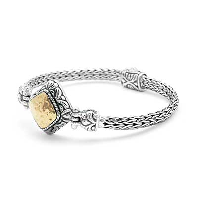 Gold & Silver bracelet, scale dragon chain round 6mm, spring lock with 18K gold hammer motif and white topaz pave stones