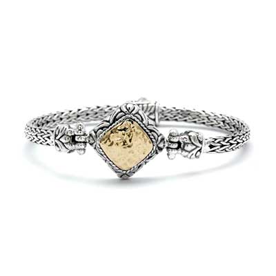Gold & Silver bracelet, scale dragon chain round 6mm, spring lock with 18K gold hammer motif and white topaz pave stones