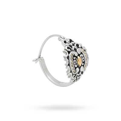 Gold & Silver bracelet, scale dragon chain round 6mm, spring lock with 18K gold hammer motif and white topaz pave stones