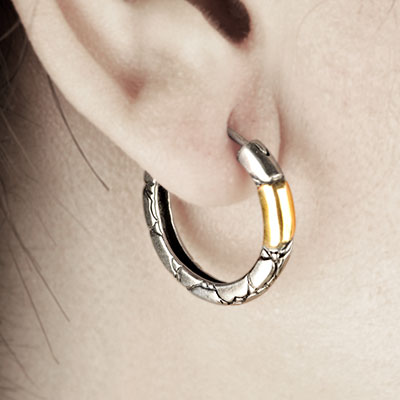 Gold & Silver bracelet, scale dragon chain round 6mm, spring lock with 18K gold hammer motif and white topaz pave stones