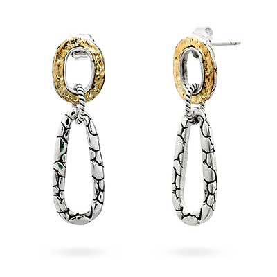 Gold & Silver bracelet, scale dragon chain round 6mm, spring lock with 18K gold hammer motif and white topaz pave stones