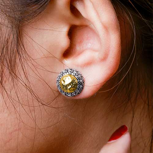 Gold & Silver bracelet, scale dragon chain round 6mm, spring lock with 18K gold hammer motif and white topaz pave stones