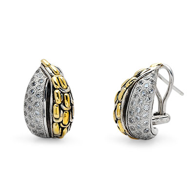 Gold & Silver bracelet, scale dragon chain round 6mm, spring lock with 18K gold hammer motif and white topaz pave stones