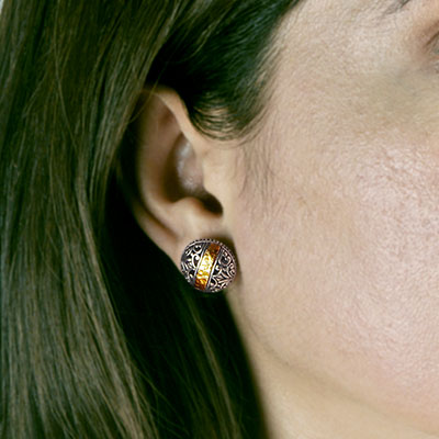 Gold & Silver bracelet, scale dragon chain round 6mm, spring lock with 18K gold hammer motif and white topaz pave stones