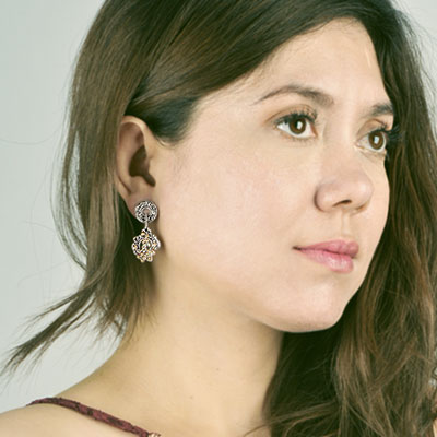 Gold & Silver bracelet, scale dragon chain round 6mm, spring lock with 18K gold hammer motif and white topaz pave stones