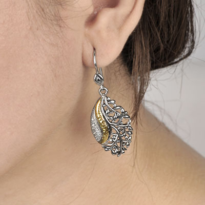 Gold & Silver bracelet, scale dragon chain round 6mm, spring lock with 18K gold hammer motif and white topaz pave stones