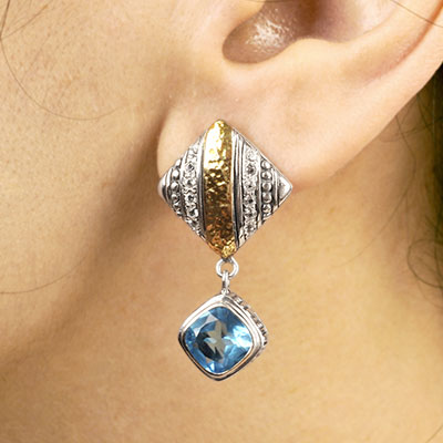 Gold & Silver bracelet, scale dragon chain round 6mm, spring lock with 18K gold hammer motif and white topaz pave stones