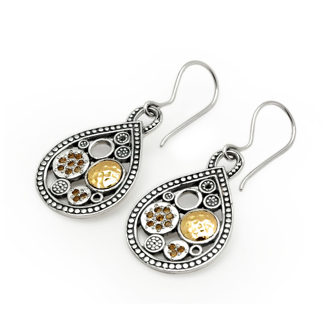 Gold & Silver bracelet, scale dragon chain round 6mm, spring lock with 18K gold hammer motif and white topaz pave stones