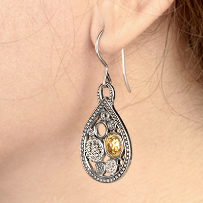 Gold & Silver bracelet, scale dragon chain round 6mm, spring lock with 18K gold hammer motif and white topaz pave stones