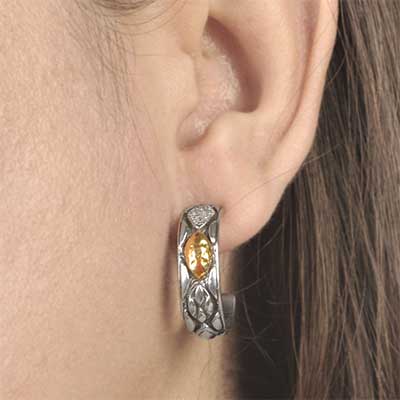 Gold & Silver bracelet, scale dragon chain round 6mm, spring lock with 18K gold hammer motif and white topaz pave stones