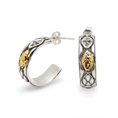 Gold & Silver bracelet, scale dragon chain round 6mm, spring lock with 18K gold hammer motif and white topaz pave stones