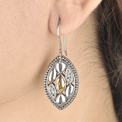 Gold & Silver bracelet, scale dragon chain round 6mm, spring lock with 18K gold hammer motif and white topaz pave stones