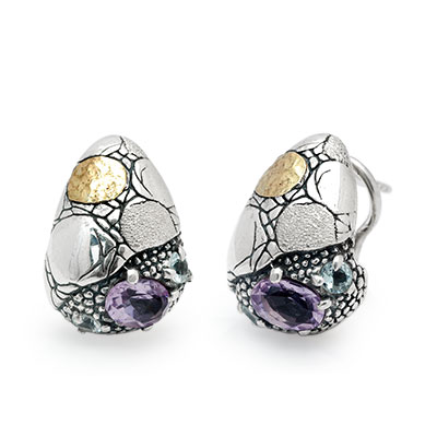 Gold & Silver bracelet, scale dragon chain round 6mm, spring lock with 18K gold hammer motif and white topaz pave stones