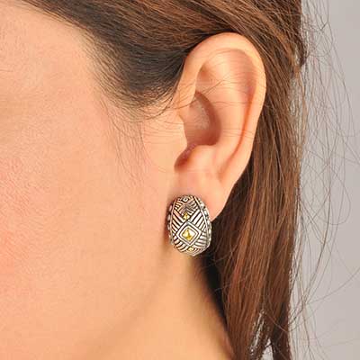 Gold and silver earring with omega, Balinese woven motif with just square gold in the middle