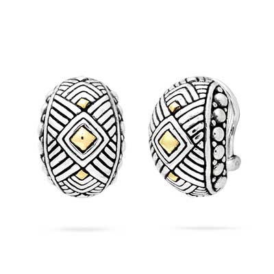 Gold and silver earring with omega, Balinese woven motif with just square gold in the middle