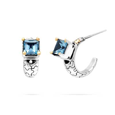 Gold & Silver earring with puzzle motif,  Blue Topaz Sky Blue stones with stud back. Exchangeable stones