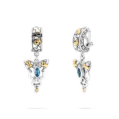 Gold & Silver earring with puzzle motif and Blue Topaz