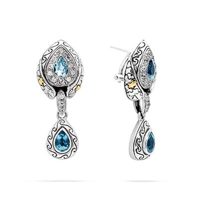 Gold & Silver earring with puzzle motif. Set with Blue topaz sky Pearshape