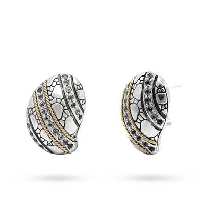 Gold & Silver bracelet, scale dragon chain round 6mm, spring lock with 18K gold hammer motif and white topaz pave stones